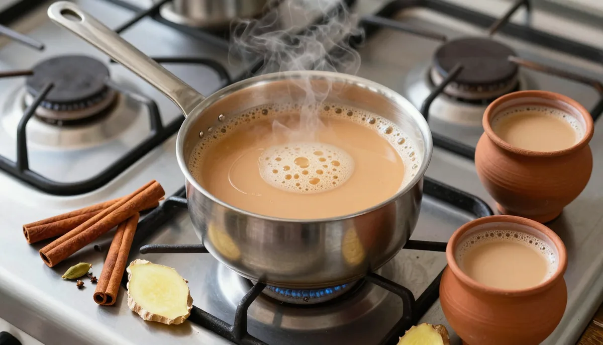 Small steel saucepan of tan milky chai at a rolling boil on a gas flame, with cardamom pods, cinnamon bark and sliced ginger on the counter beside two glass cups