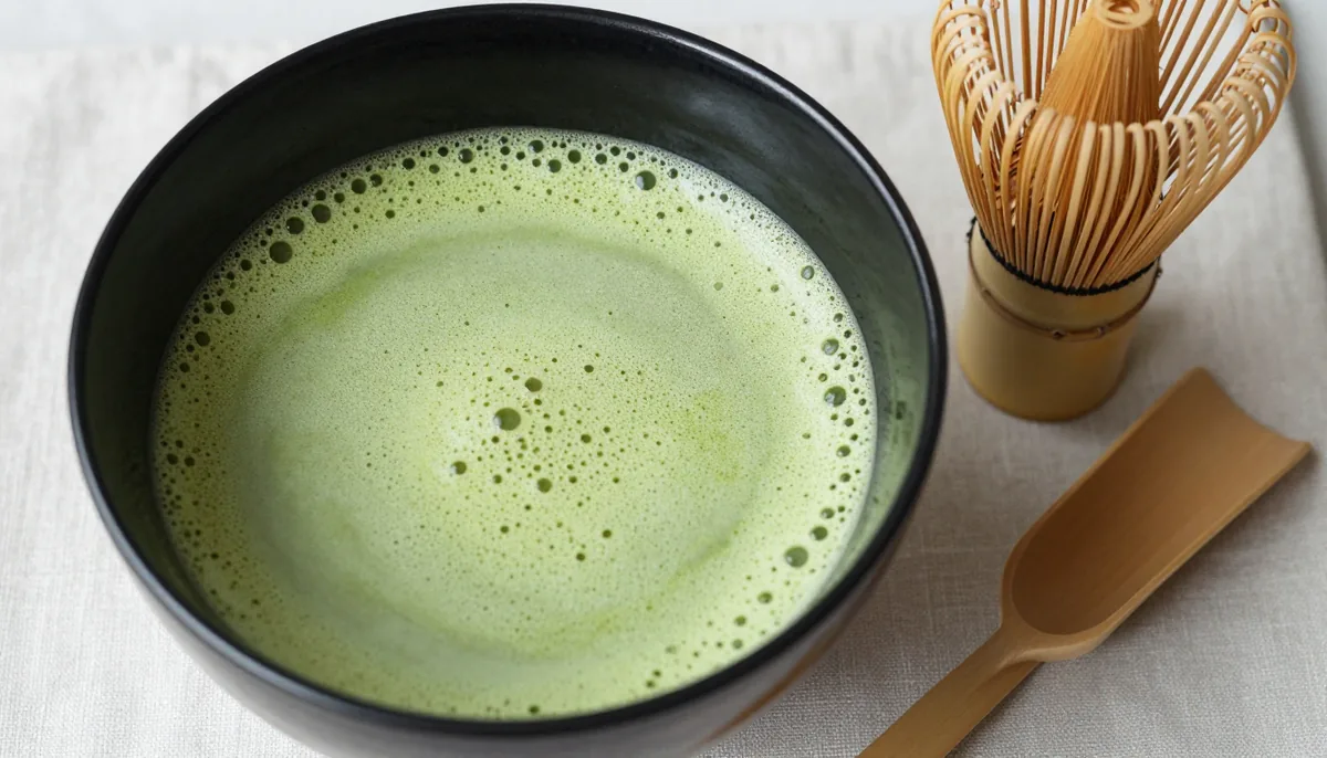 A wide stoneware chawan holding bright green frothed matcha, a bamboo chasen and chashaku resting beside it on a linen cloth