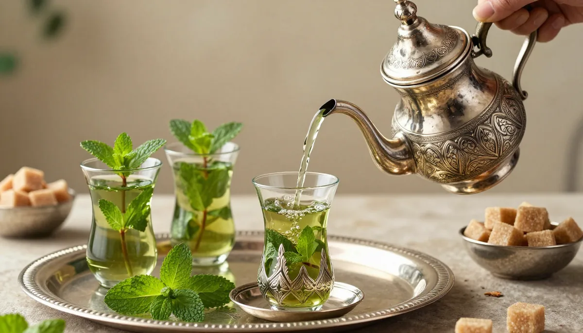 Silver Moroccan teapot pouring a long stream of pale gold mint tea from height into a small decorated glass on a brass tray, with a bunch of fresh spearmint beside it