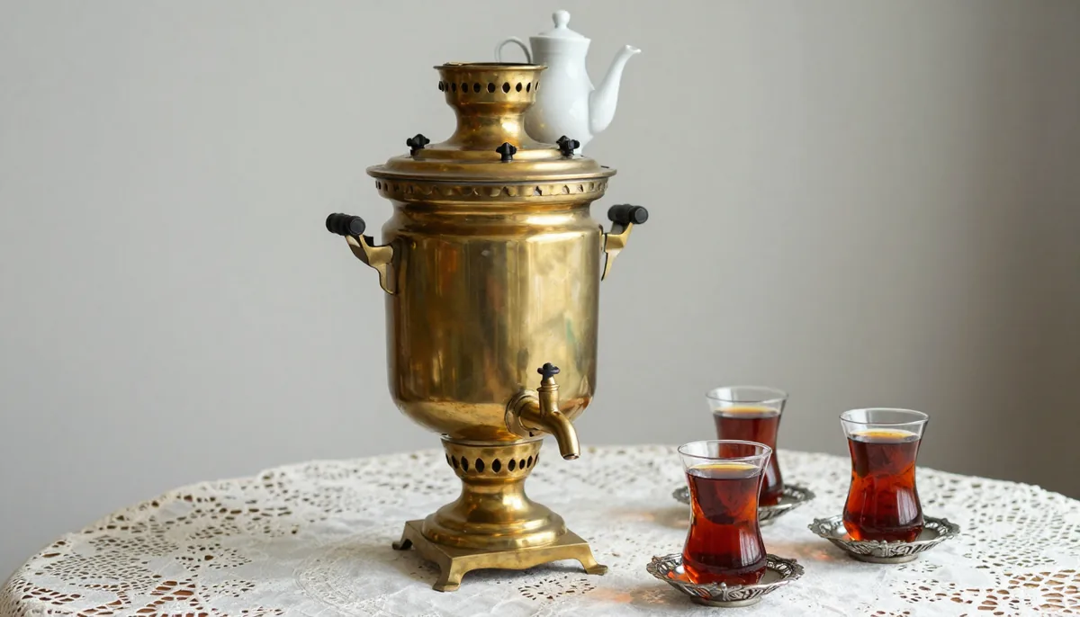 Polished brass samovar on a table with a painted porcelain teapot on its crown, hot water running from the tap into a glass in a metal podstakannik holder of dark red tea