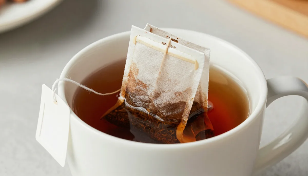 A white mug of reddish black tea with a pyramid mesh tea bag being lifted out on its string, a saucer and teaspoon beside it on a wooden counter