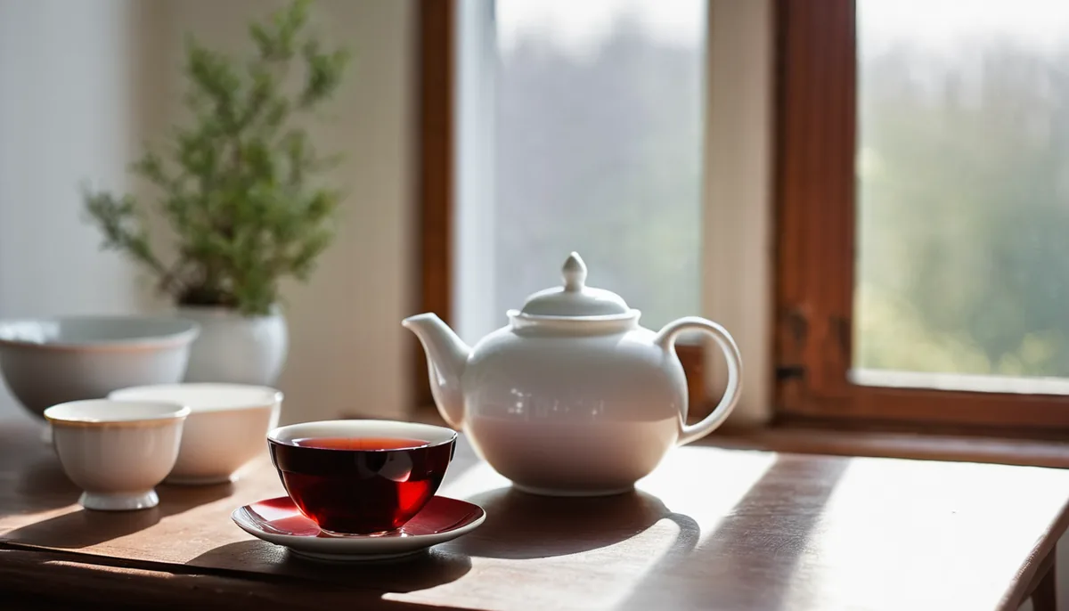 A round white ceramic teapot with a removable stainless basket infuser, beside two cups of deep copper black tea on a kitchen table