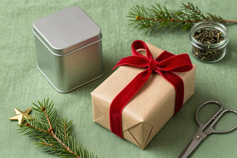 A tea tin and a jar of loose leaf tied with red velvet ribbon beside kraft paper, scissors and evergreen on green linen