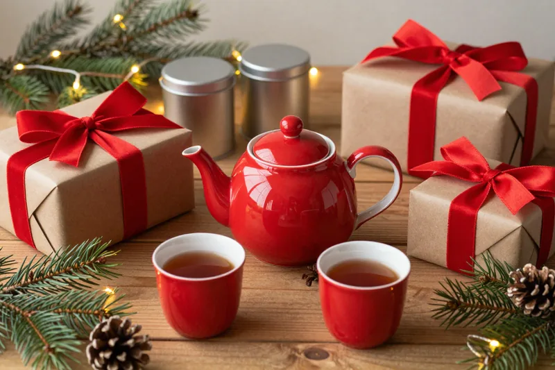 A red teapot and cups surrounded by kraft-paper Christmas gifts with red velvet bows, evergreen branches and fairy lights