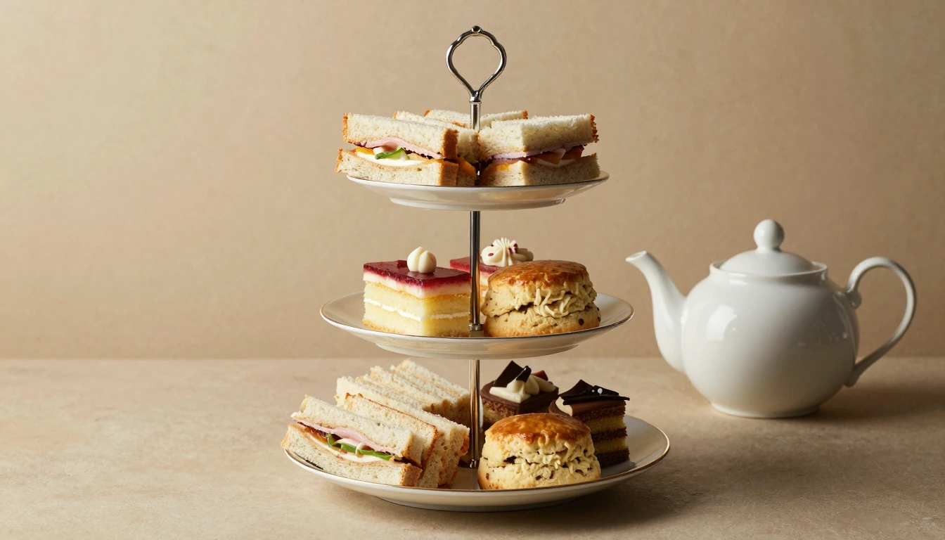 An afternoon-tea stand with sandwiches, scones and pastries