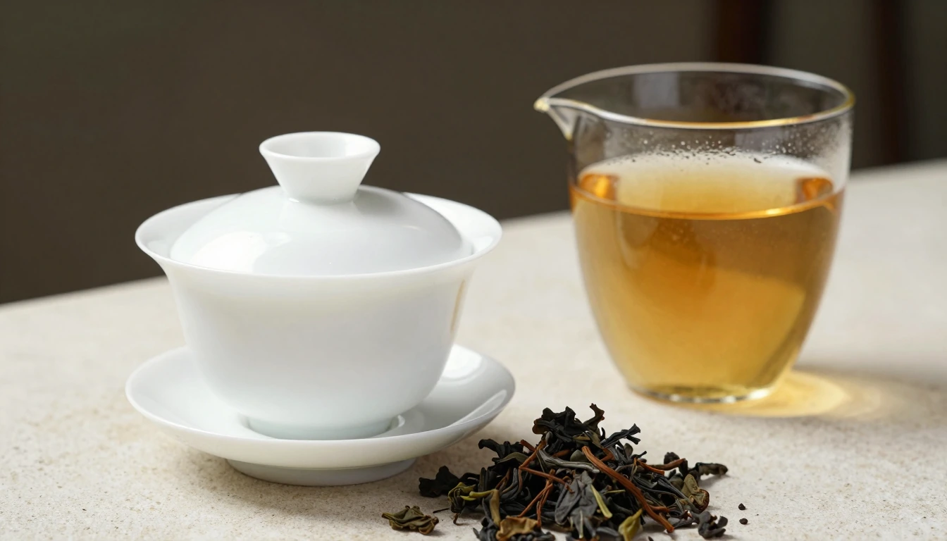 A gaiwan and glass pitcher with golden oolong tea