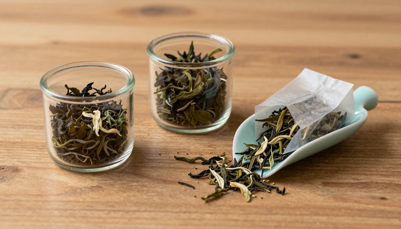 Loose tea in small jars with a turquoise scoop