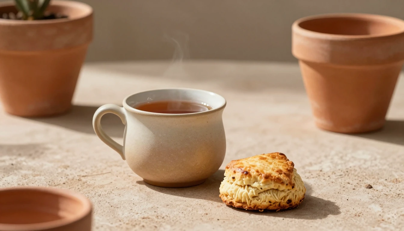 Tea and a scone on a shaded courtyard table