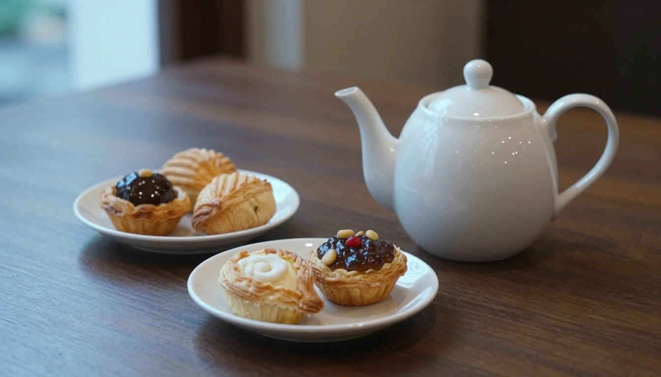 A white teapot and two small plates of pastries on a dark wooden table
