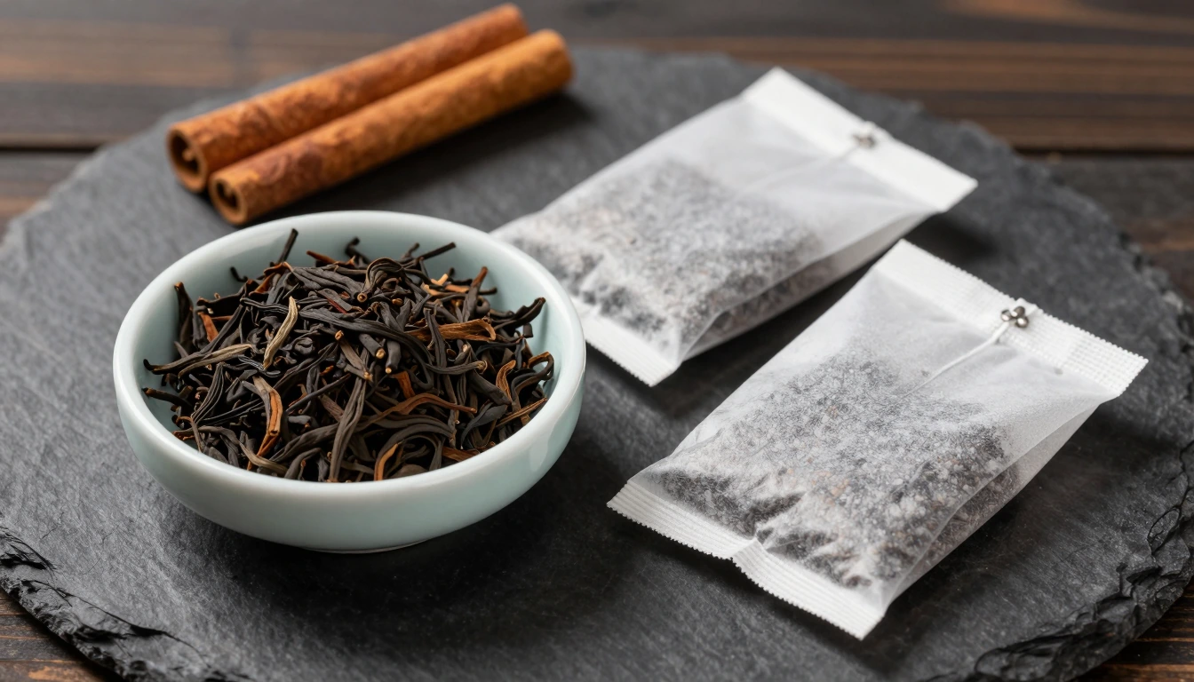 Dry black tea, cinnamon sticks and two plain tea sachets on slate