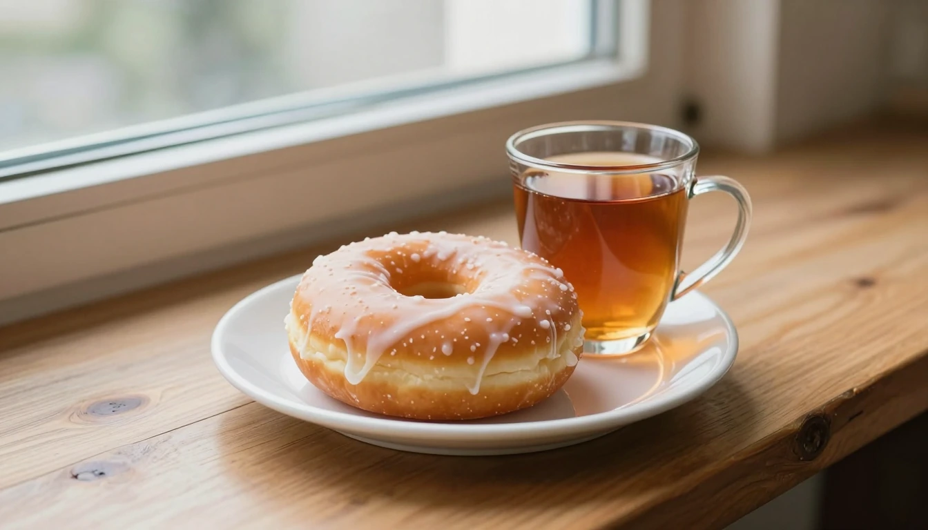 A glazed ring doughnut and a glass cup of amber tea on a white plate