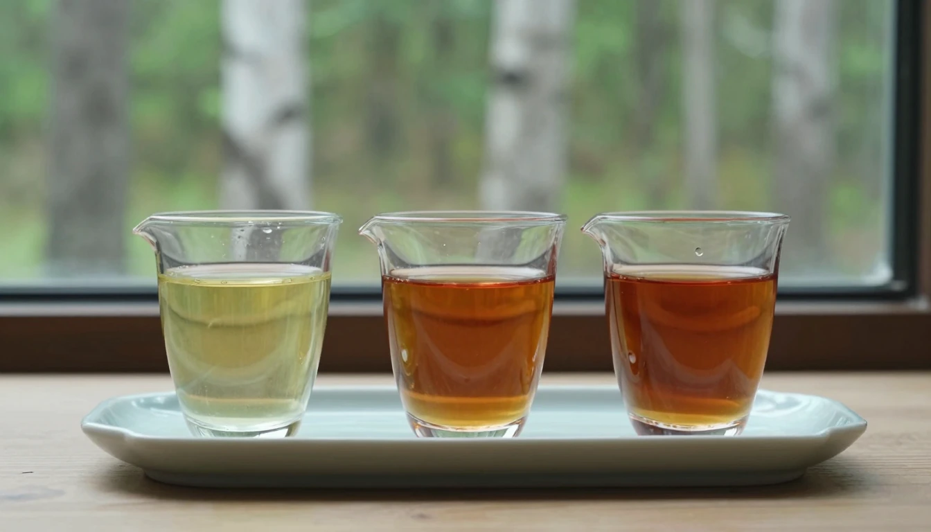 Three small glass pitchers of pale, amber and copper-colored tea against blurred birch trees