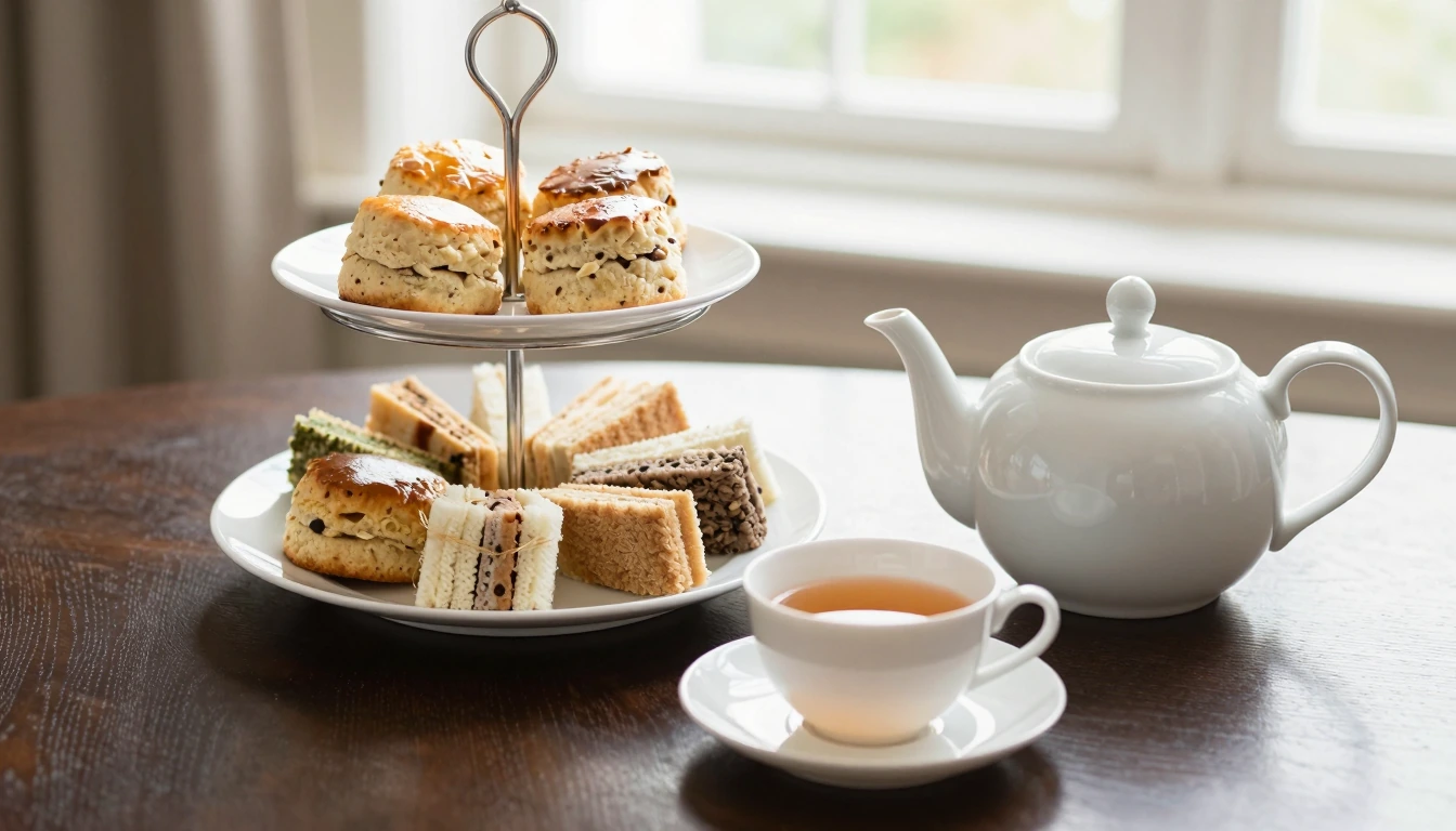 A two-tier stand of scones and filled sandwiches beside a white teapot and cup of tea
