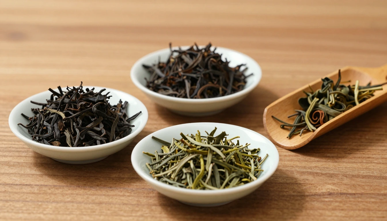 Three shallow dishes of dark and green loose tea beside a wooden tea scoop