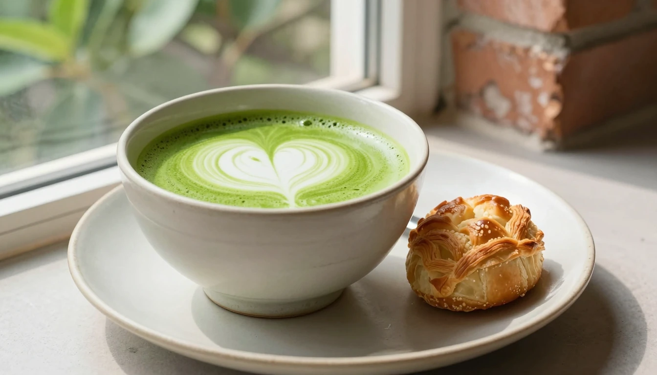 A bowl of green matcha latte with a white heart pattern and a flaky pastry beside a brick window