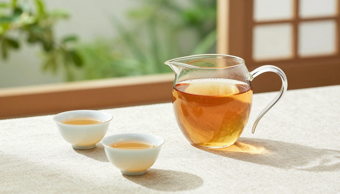 A glass server of golden tea and two small porcelain cups on a linen-covered table