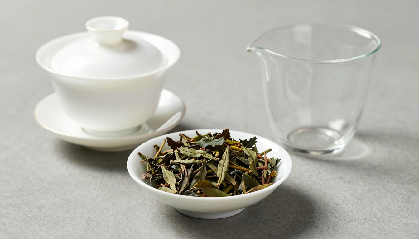 A white gaiwan and dish of dry loose leaves beside an empty glass server