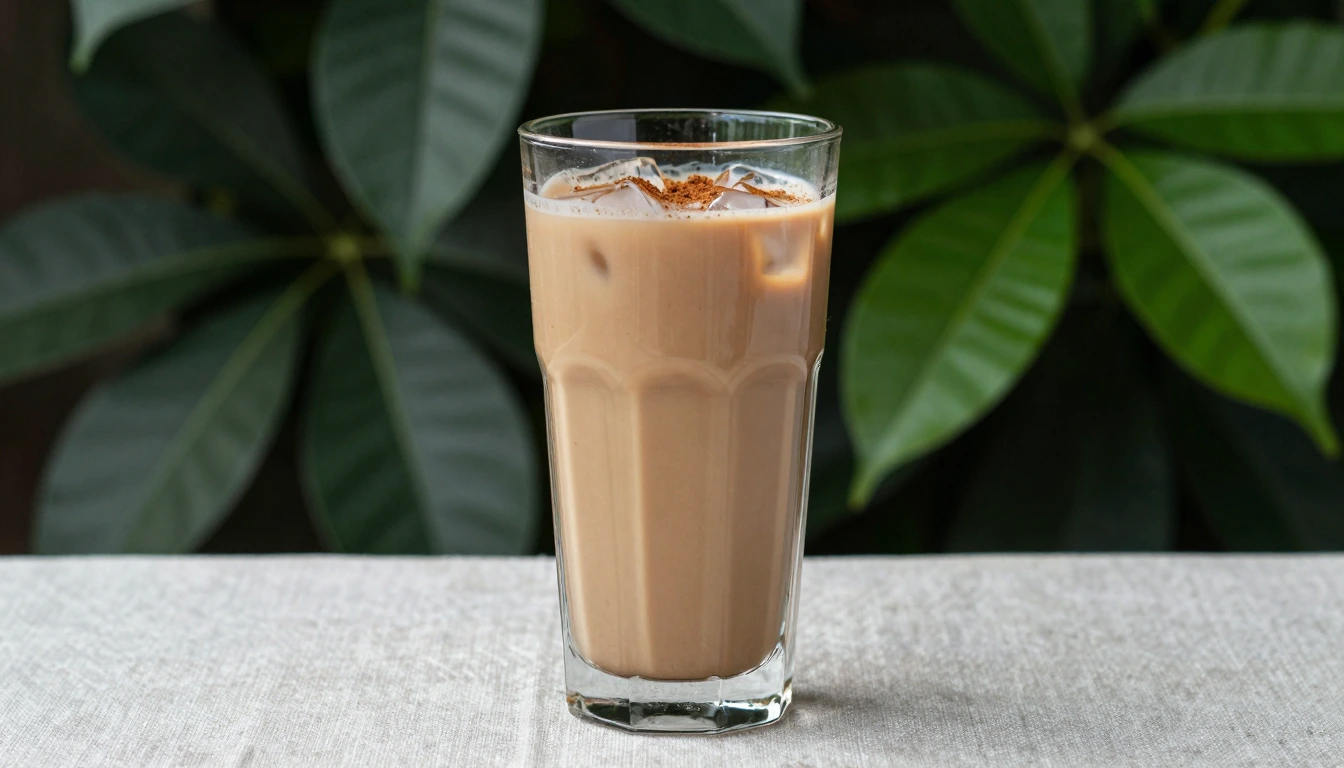 A tall glass of creamy iced chai with cinnamon dust on linen against deep green foliage