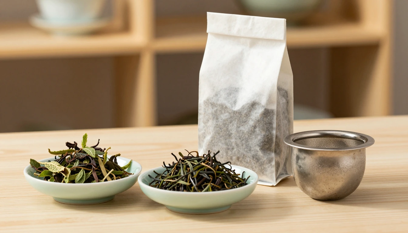Two dishes of loose leaves and herbs beside a plain paper pouch and metal infuser