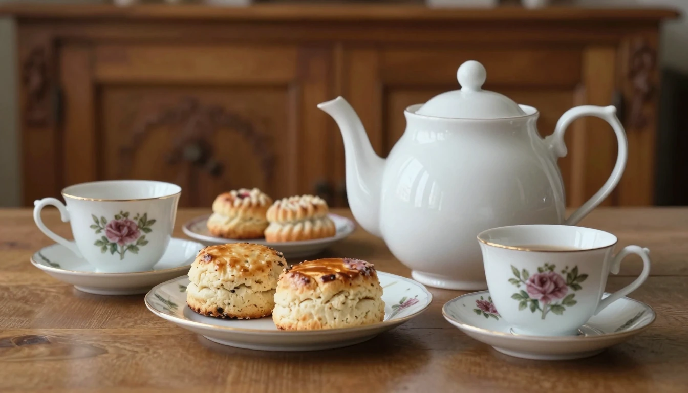 A white teapot, two floral porcelain cups, scones and small pastries on an oak table