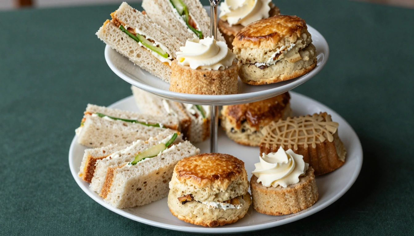 A tiered stand of filled sandwiches, cream-topped scones and small cakes on dark green linen