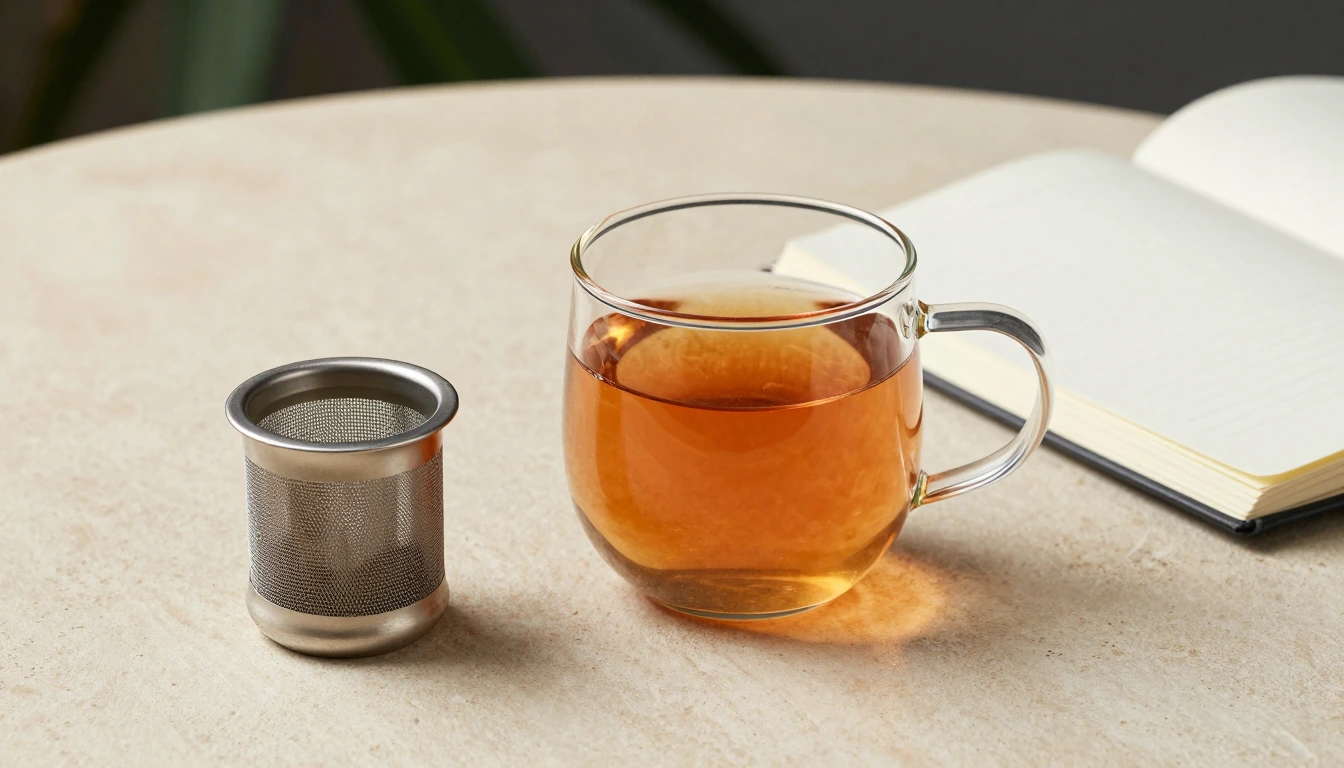 A glass mug of amber tea beside a stainless basket infuser and an open blank notebook