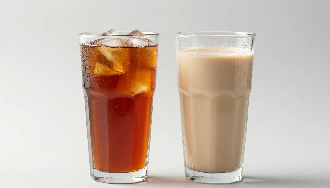 Two tall glasses holding iced amber tea and pale milk tea against a plain background