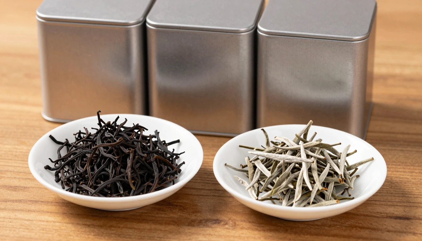 Two white dishes of dark wiry tea and pale needle-like buds in front of three plain silver tins