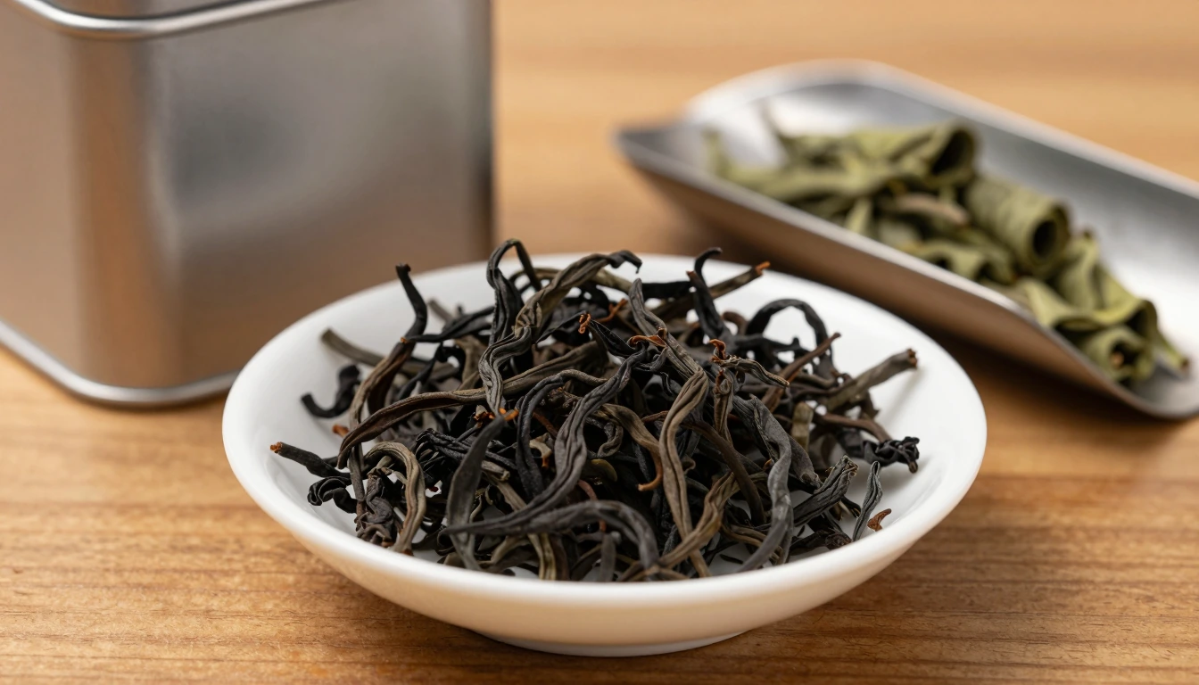 A shallow dish of dark twisted tea leaves with a plain metal tin and scoop of green leaves behind