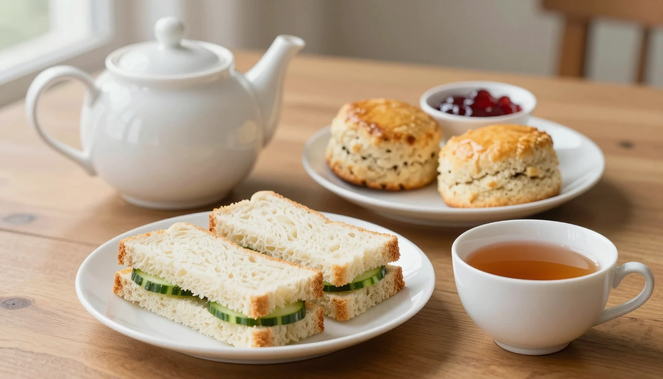 Two closed cucumber sandwiches beside a cup of tea, white teapot, scones and jam