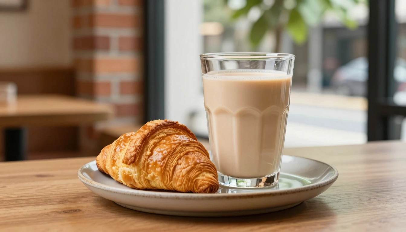 A faceted glass of pale milk tea beside a golden croissant on a ceramic plate