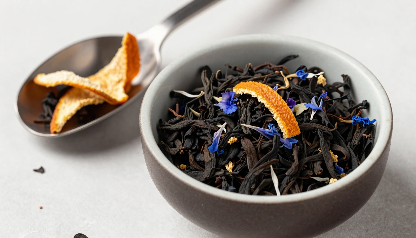 Dark loose tea with dried orange peel and small blue petals in a ceramic bowl beside a scoop