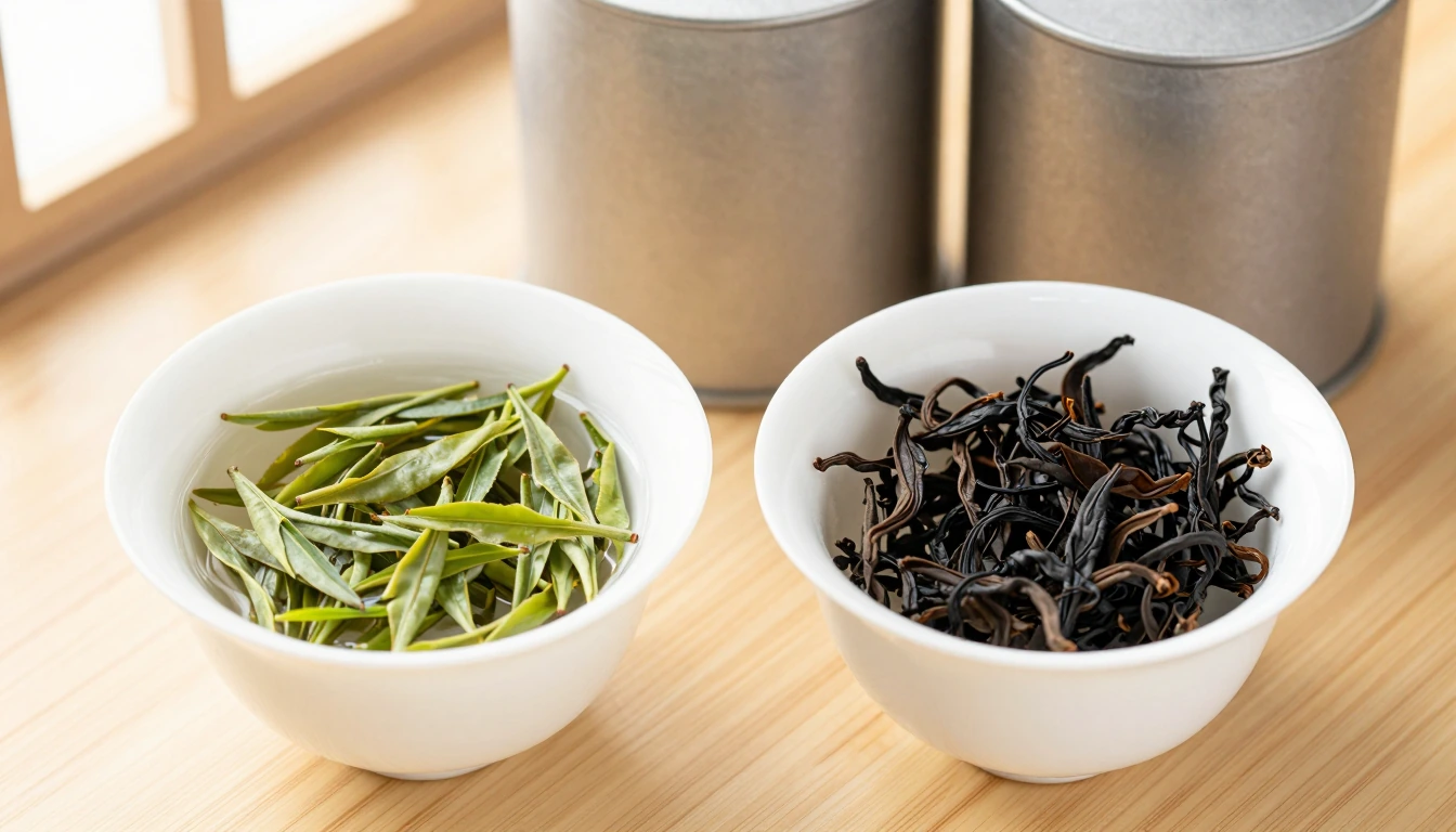 Two white bowls of green and dark twisted tea leaves in front of plain metal tins
