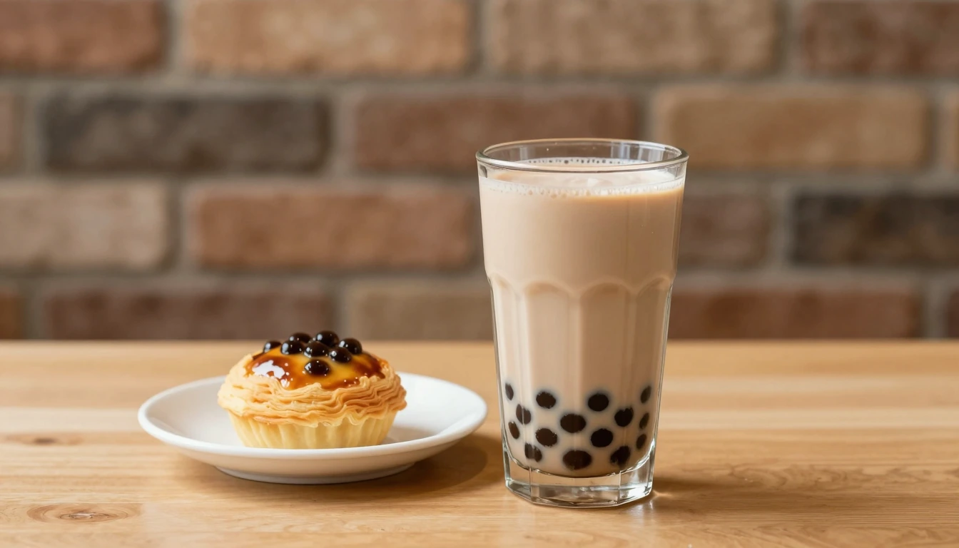 A glass of milk tea with dark tapioca pearls beside a small pastry on a white plate