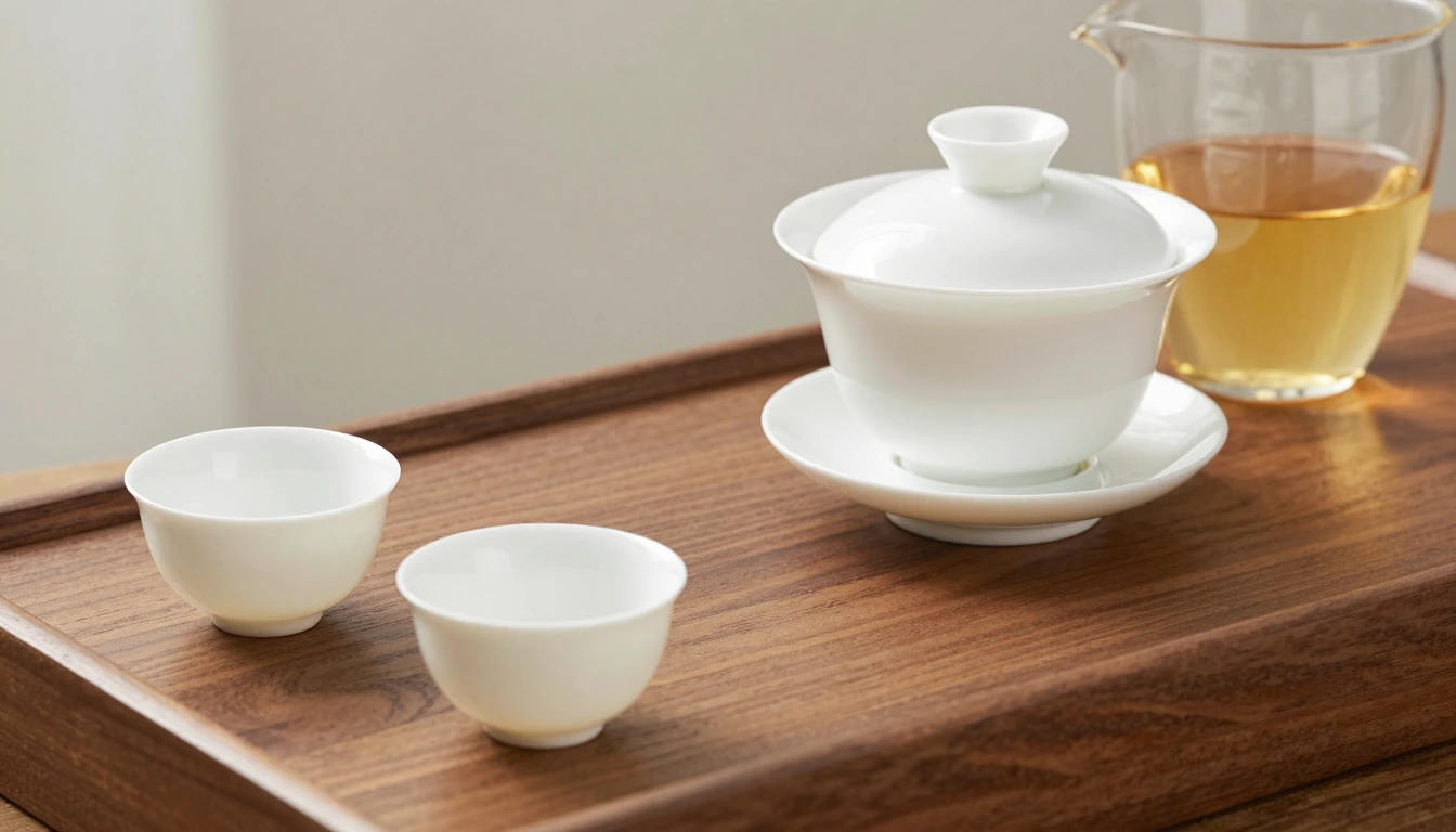 A white gaiwan, two small cups and a glass server of golden tea on a wooden tray