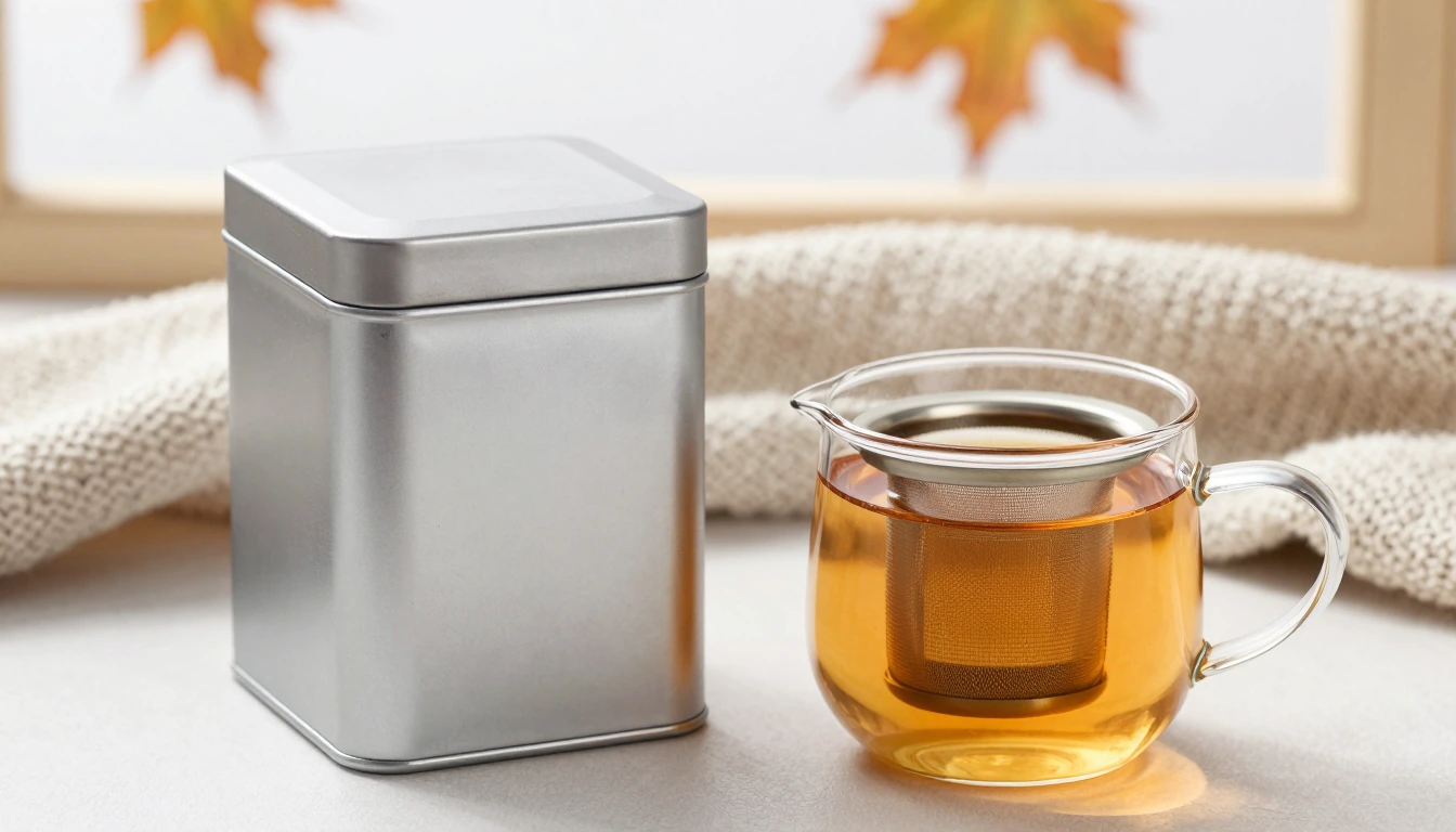 A glass cup of amber tea with a mesh infuser beside a closed silver tin and folded knit blanket