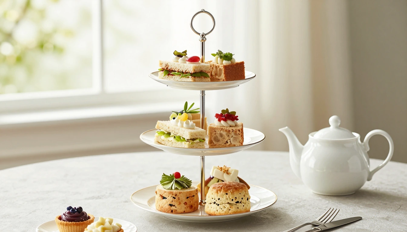 Illustration of a full afternoon-tea meal