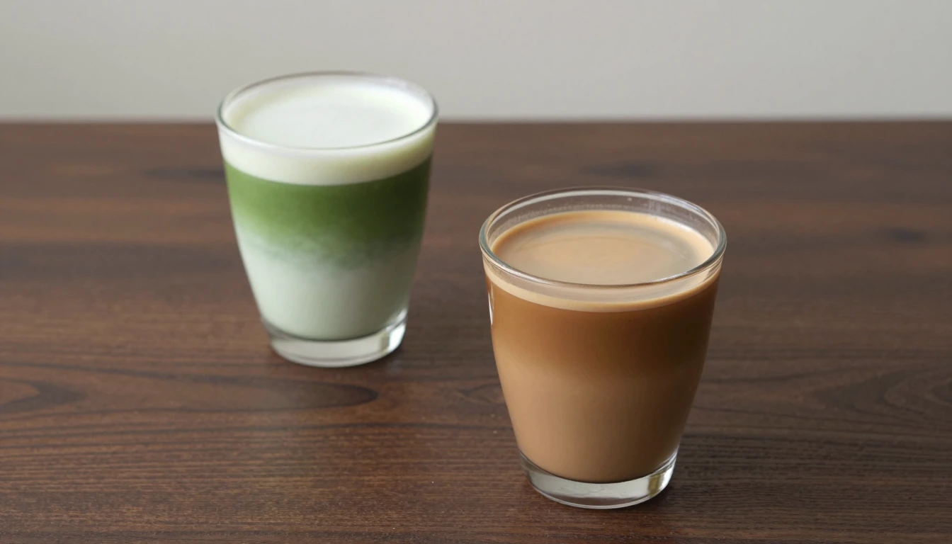 Illustration comparing matcha and hojicha latte colors