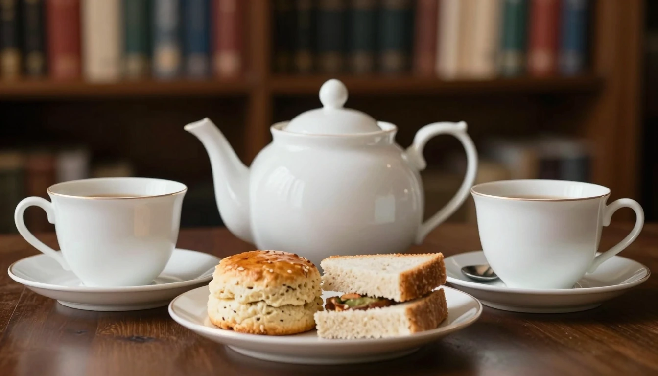 Illustration of an intimate book-lined afternoon-tea setting