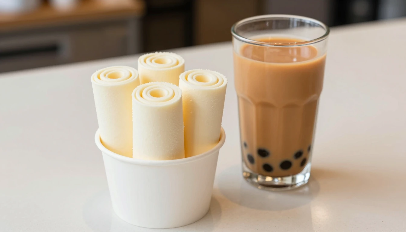 Illustration of milk tea and a rolled-ice-cream dessert