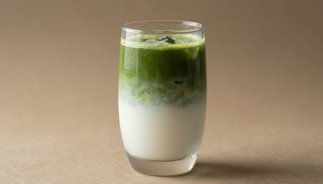 A chilled layered drink with a white base and green matcha in a clear glass