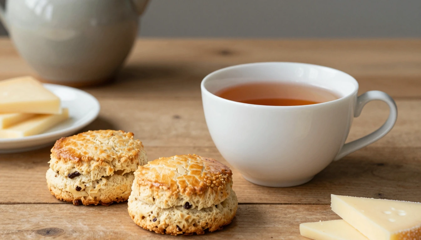 A white cup of amber tea beside two scones and pale cheese slices on a wooden table