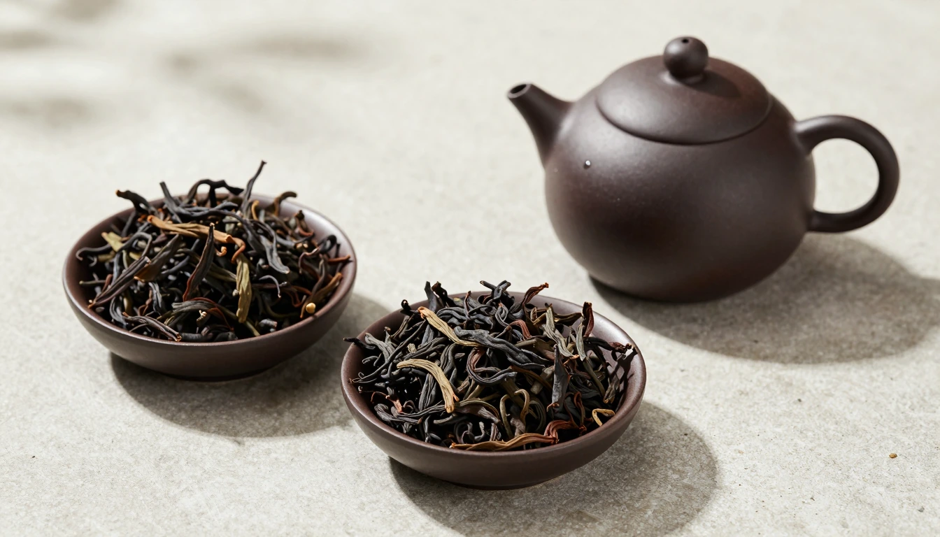 Two small brown bowls of dark twisted dry tea leaves beside a clay teapot