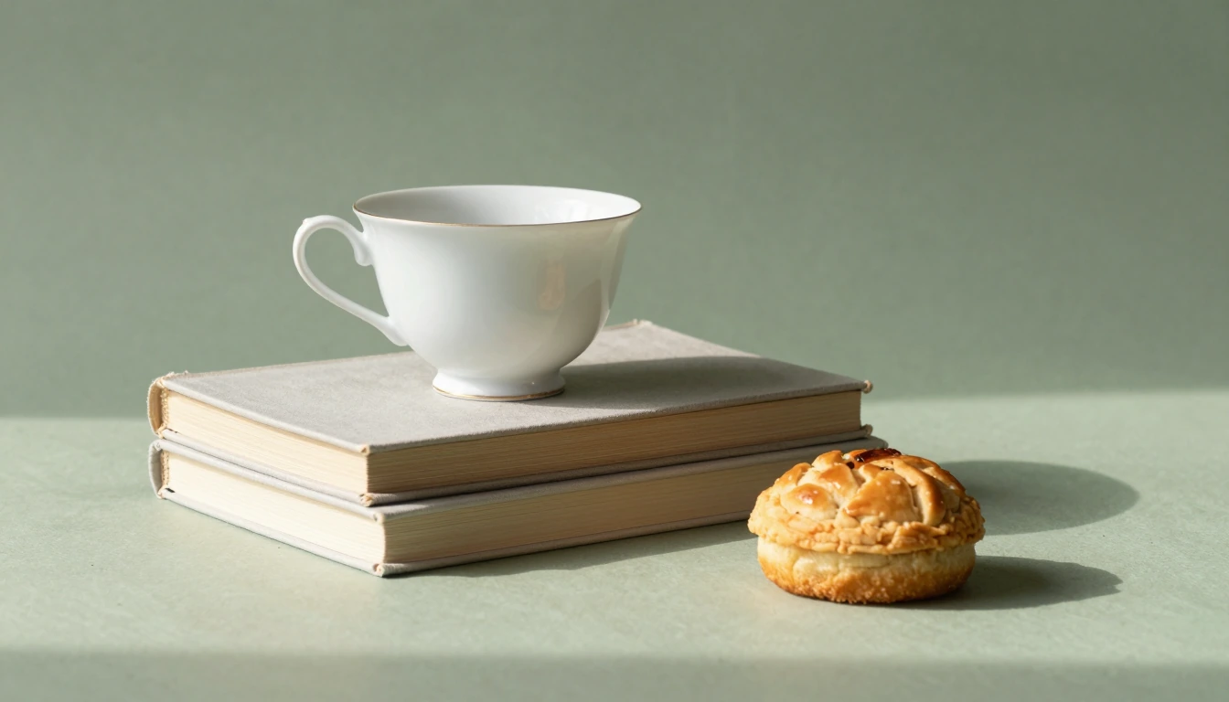 A white teacup on two closed unmarked books beside a small golden pastry against a sage wall