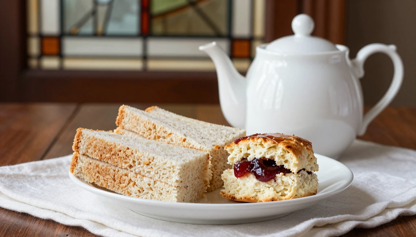 Generated illustration of afternoon tea with sandwiches and a scone