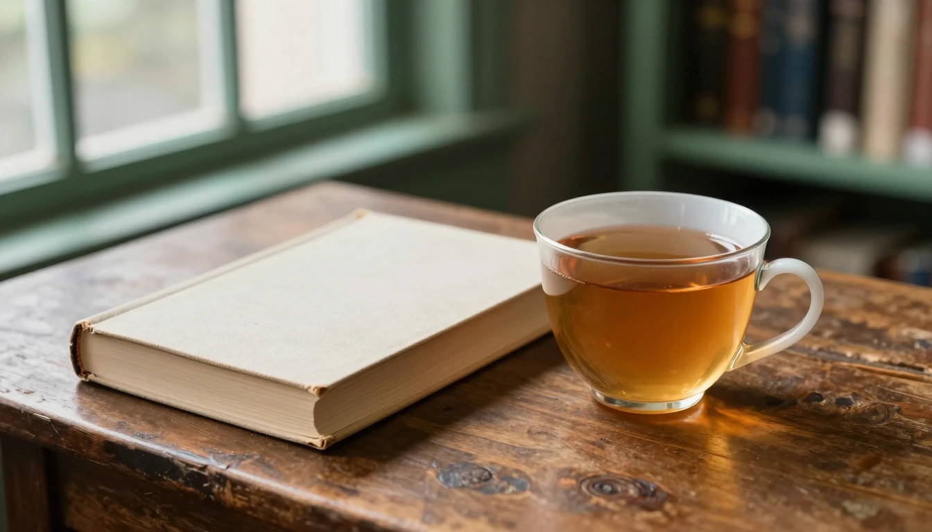 Generated illustration of tea and a blank clothbound book