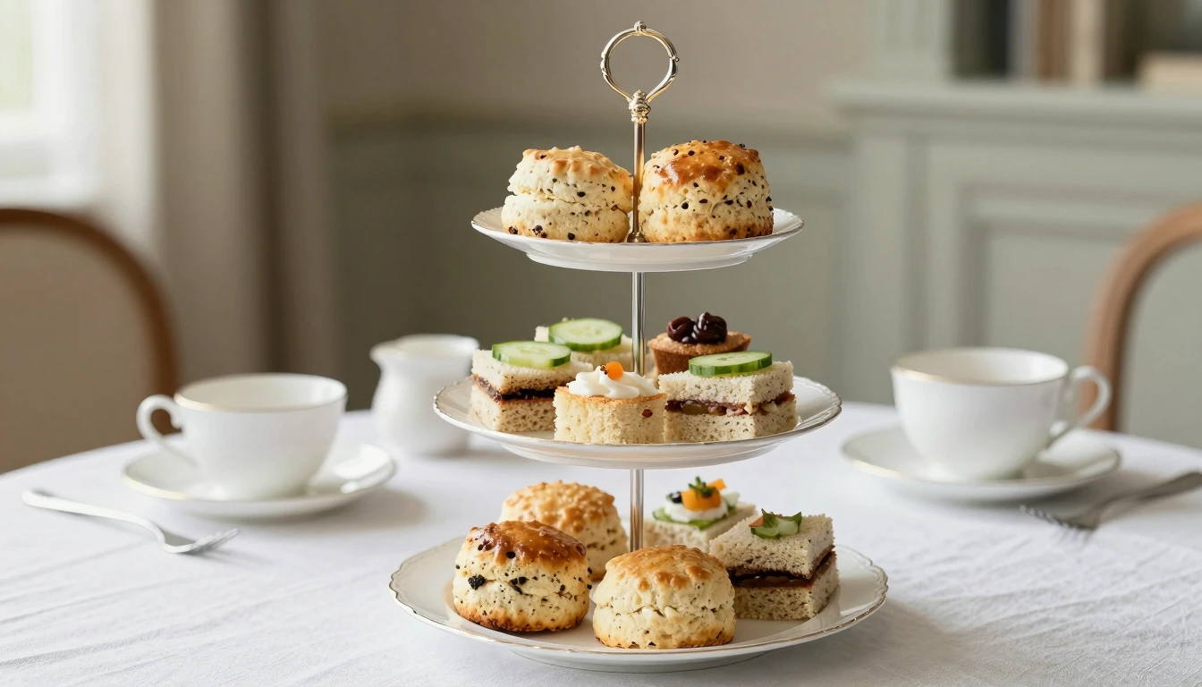 A three-tier stand of scones and small cucumber-topped bites between white teacups on linen