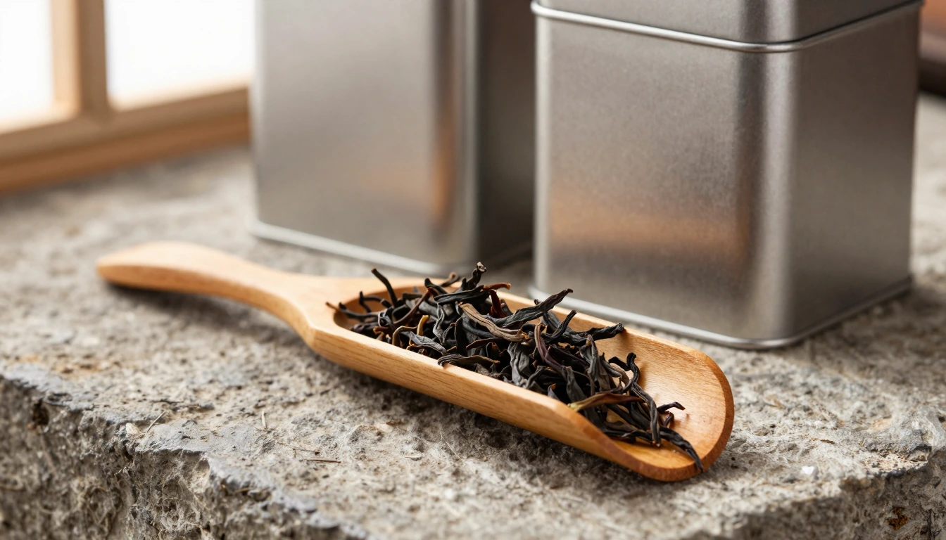A wooden scoop of dark loose tea beside two plain closed metal tins on stone