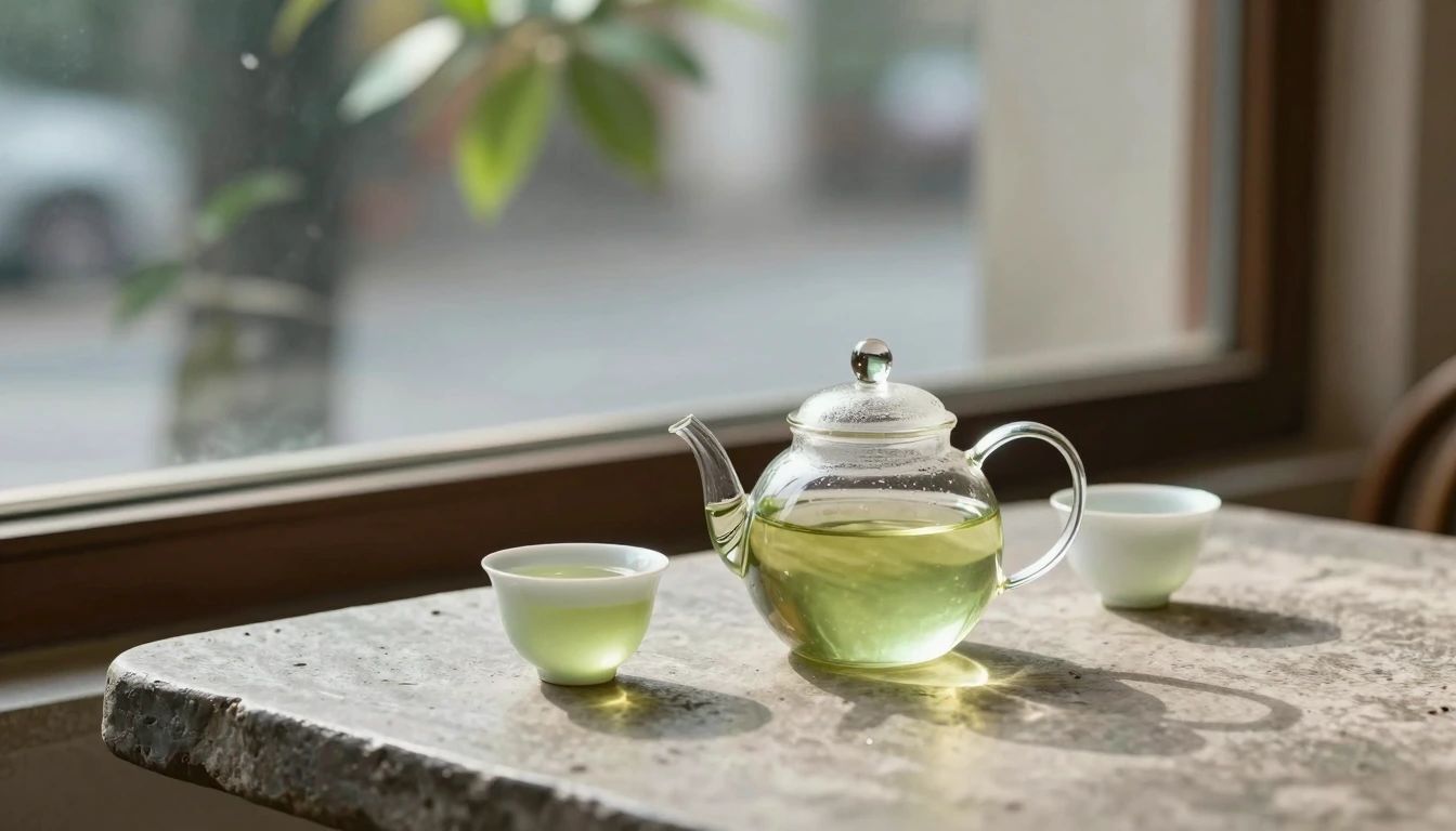 A lidded glass teapot of pale green tea and two small cups on a stone table beside a window