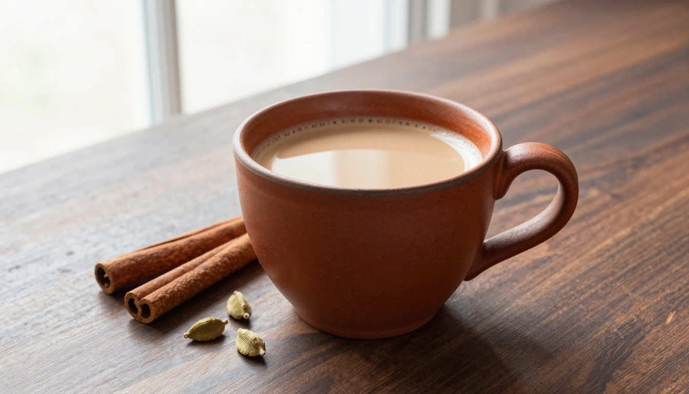 Creamy chai in a rust-colored ceramic cup beside cinnamon sticks and cardamom pods